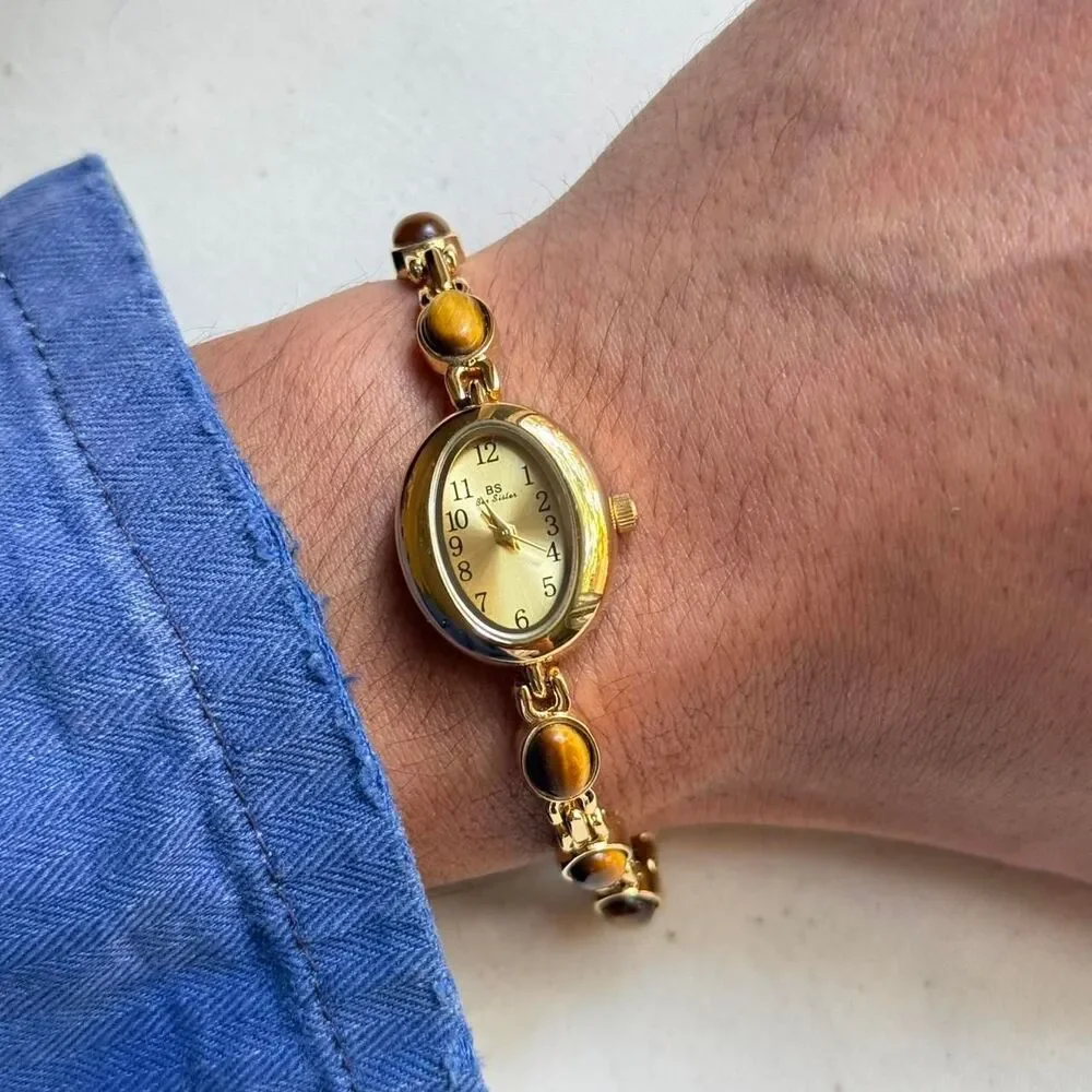 y2k cute gold round stainless steel quartz brown stone charm watch
